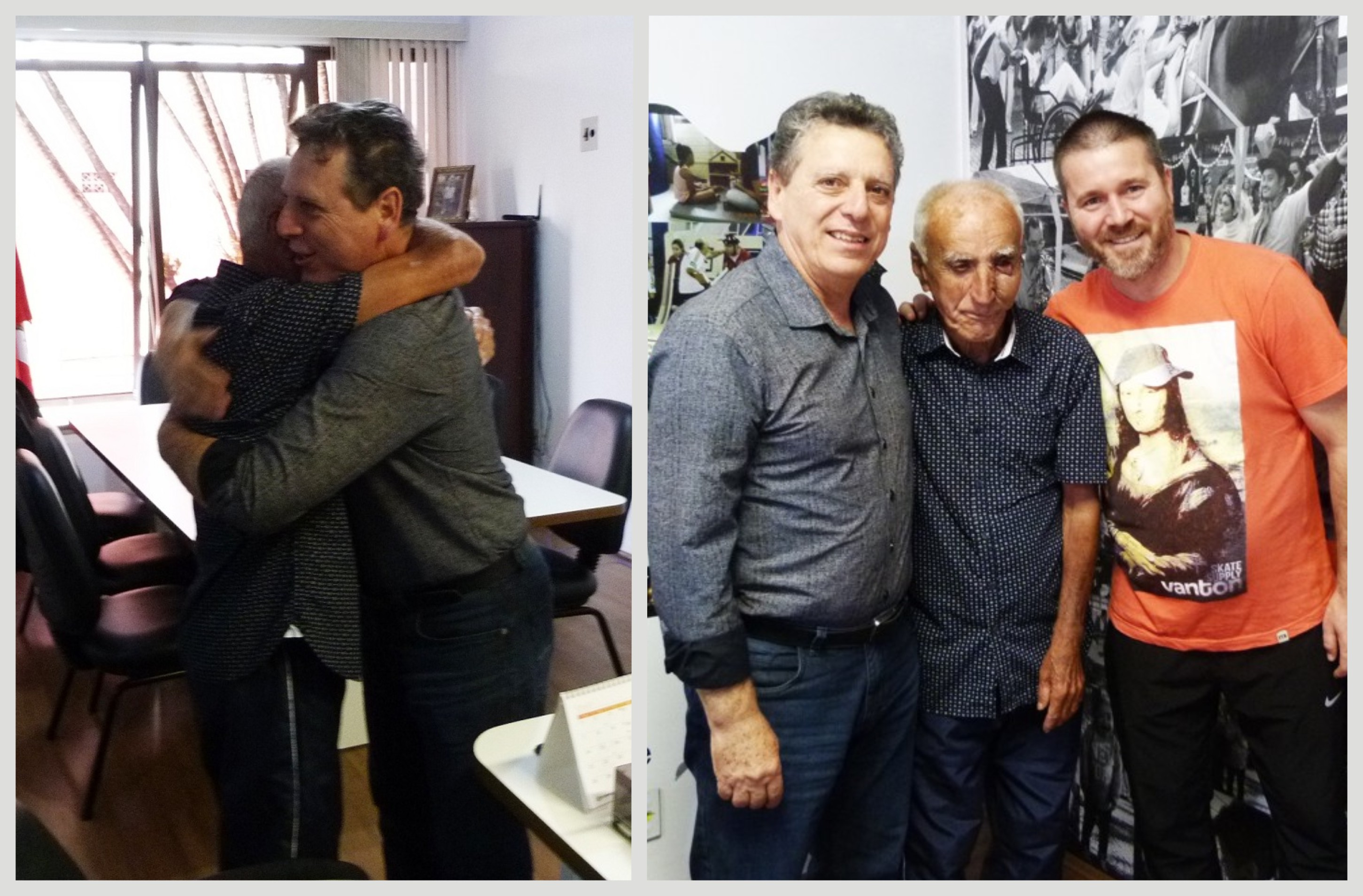 Montagem de duas fotos de abraços do presidente Rubens ao educando Ilário no Gabinete da Presidência da FCEE