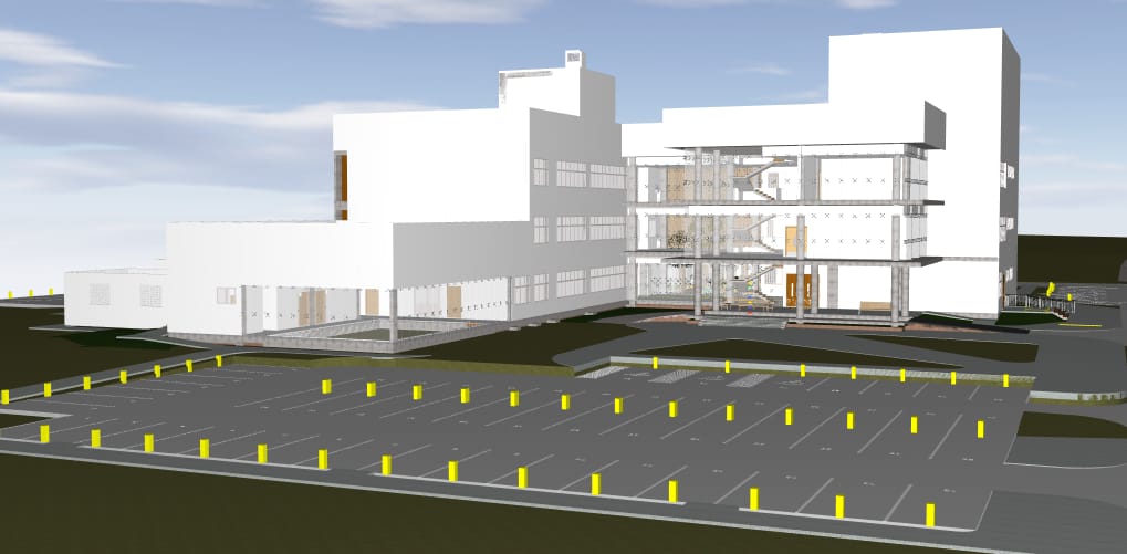 Imagem do projeto do novo prédio, mostra um prédio moderno com 3 andares, área de estacionamento na frente e jardins. 