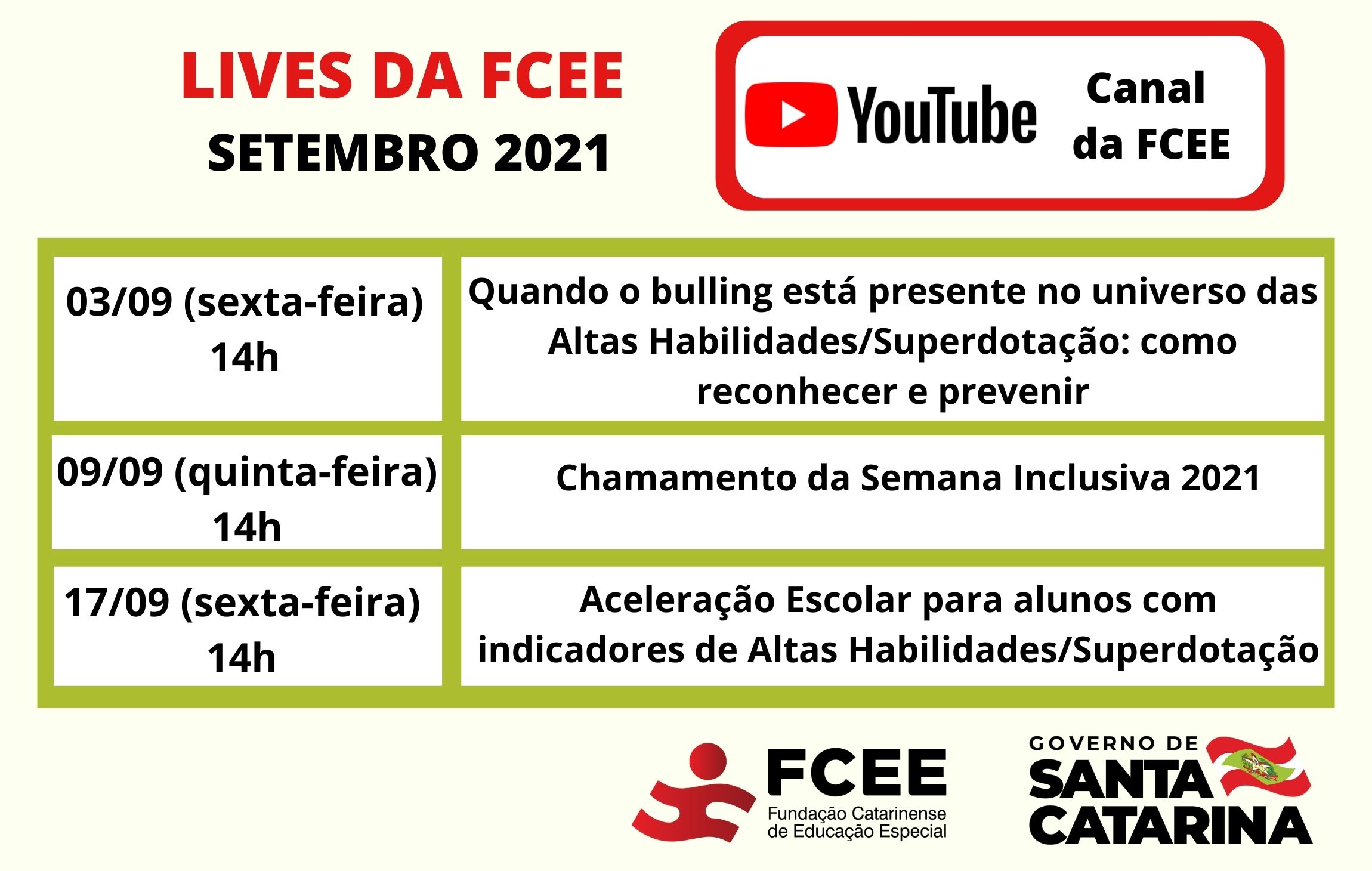 Lives Setembro 2021 - FCEE - Canal do YouTube