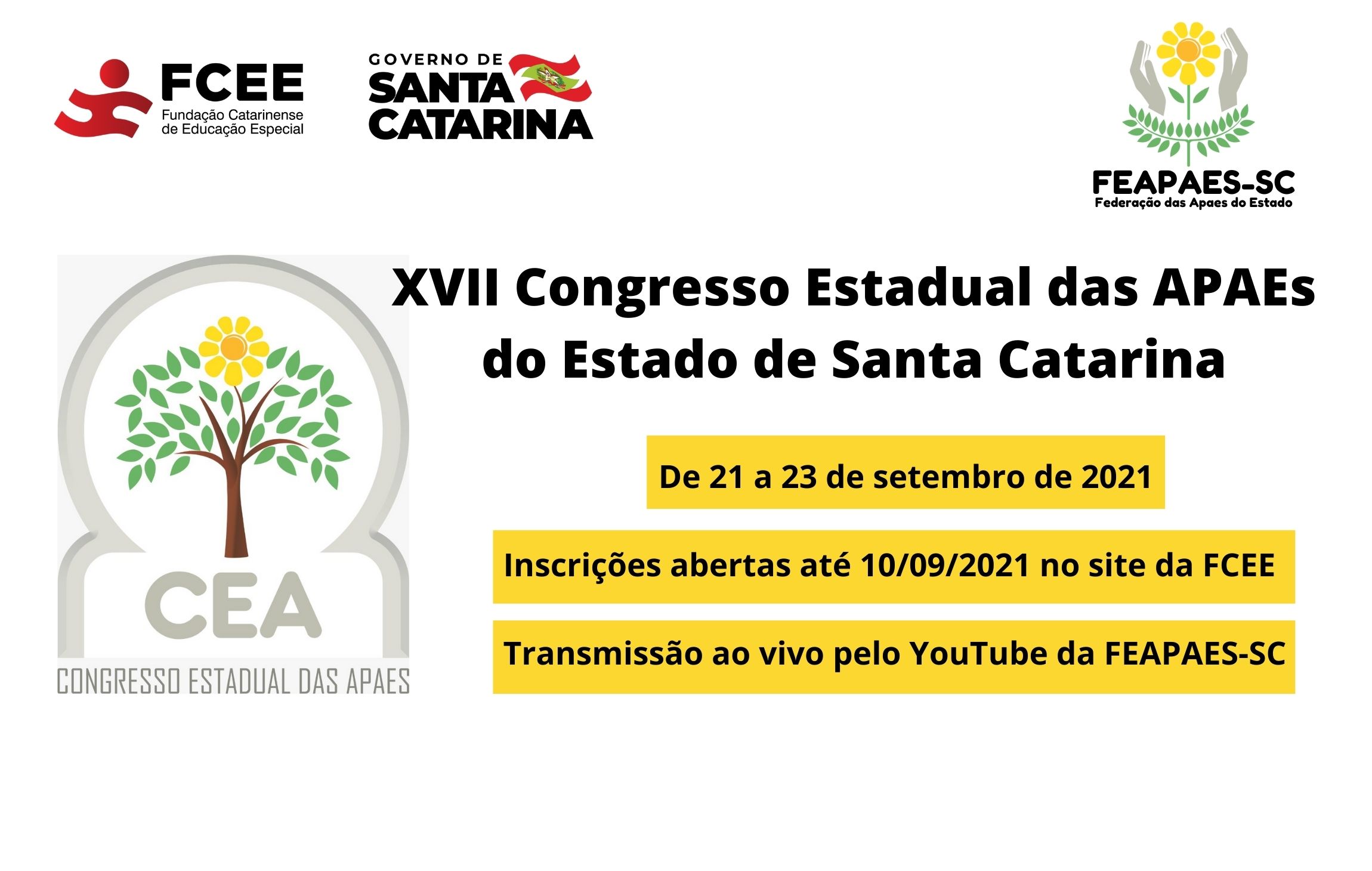 Símbolo apaes e texto XVII Congresso Estadual das APAEs do Estado de Santa Catarina - 21 a 23 de setembro de 2021 - transmissão ao vivo YouTube Feapaesc - Inscriçóes até 10/09 site fcee