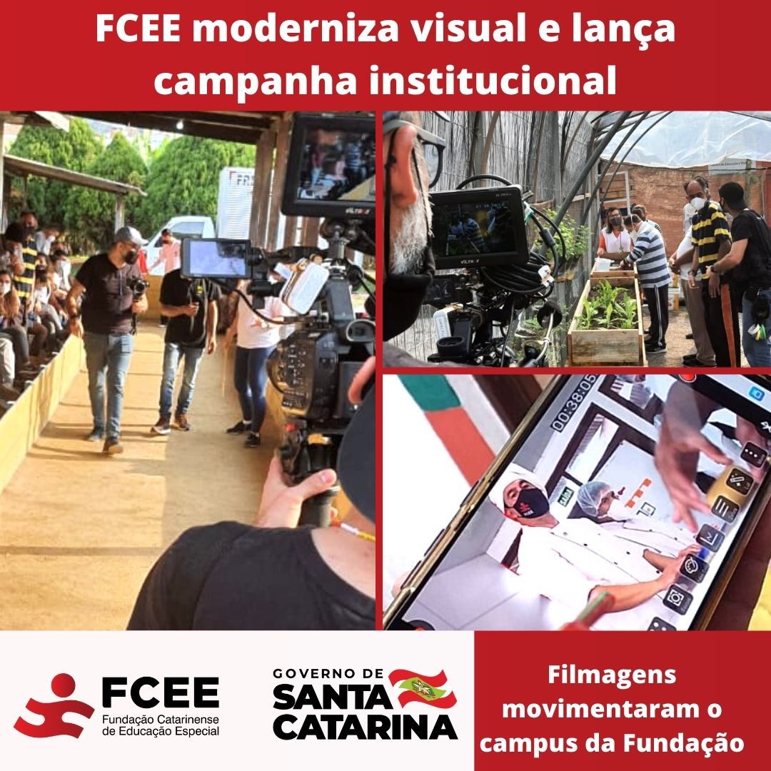 Montagem fotos de pessoas com câmeras e educandos e texto: FCEE moderniza visual e lança campanha institucional