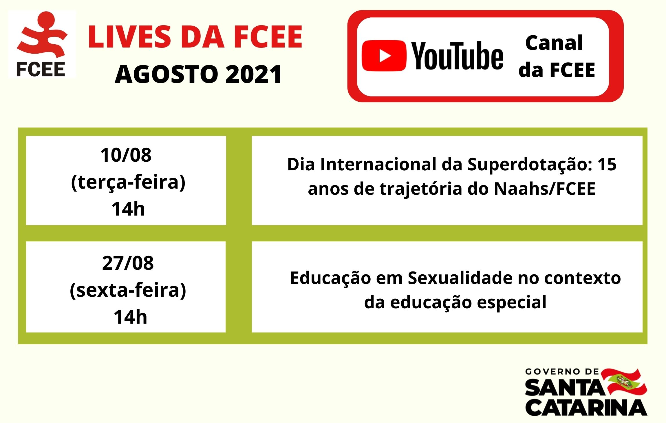 Cartaz com texto Lives da FCEE - Agosto 2021