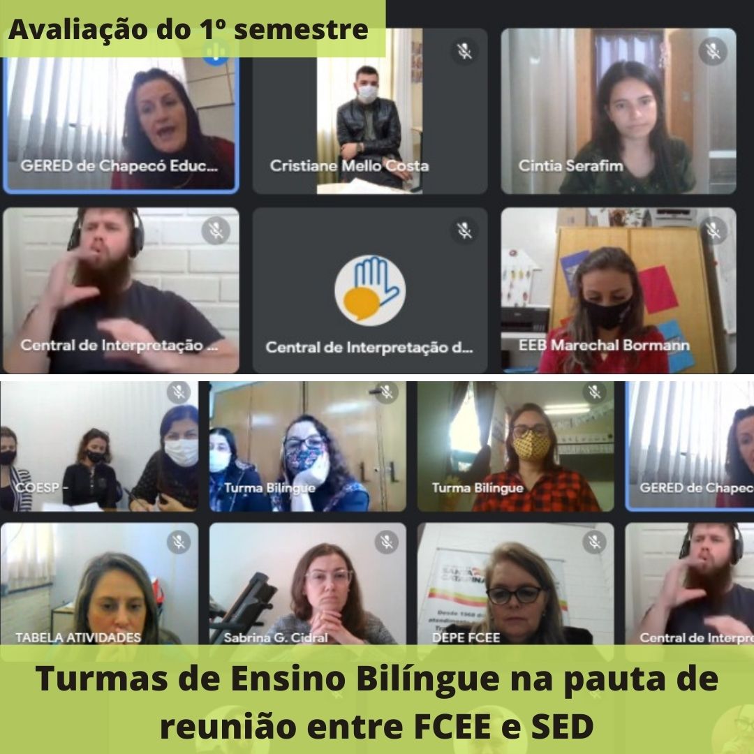 Imagem de dez pessoas em reunião online e texto - Avaliação 1º semestre - Turmas de Ensino Bilíngue na pauta de reunião entre FCEE e SED
