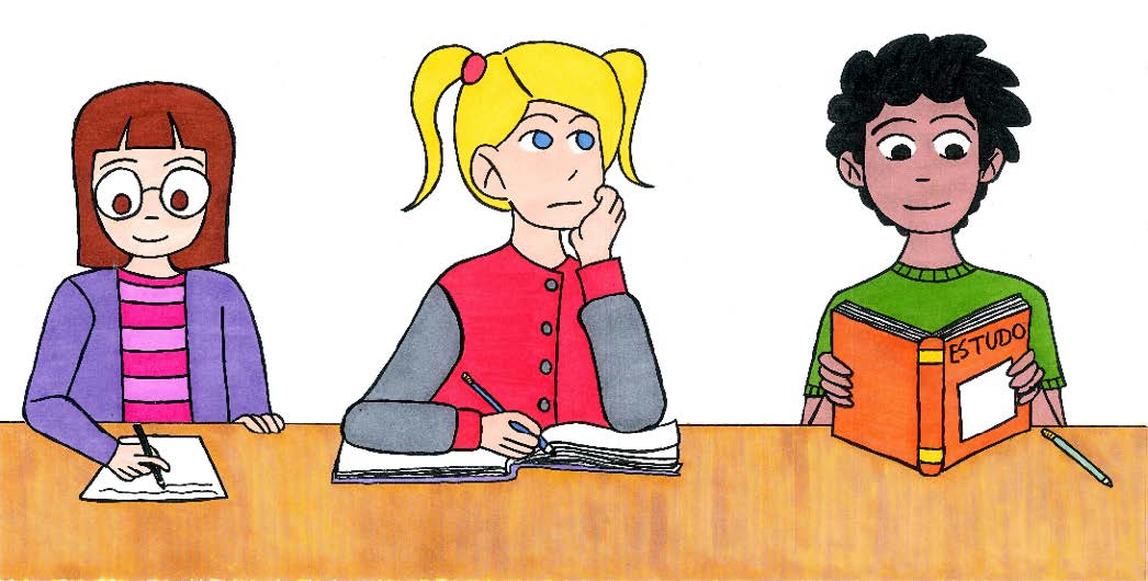 Ilustração colorida de 3 crianças sentadas em mesa, uma delas olha para cima distraída. 
