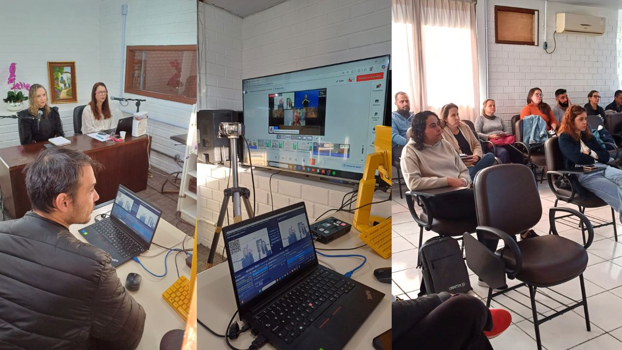 Três fotos. Na primeira aparece duas mulheres em uma mesa e a frente delas um homem no PC. Na segunda imagem apare uma tela de TV com varias janelas com pessoas em um reunião online. Na terceira foto aparece um grupo de pessoas em uma sala assistindo online a reunião