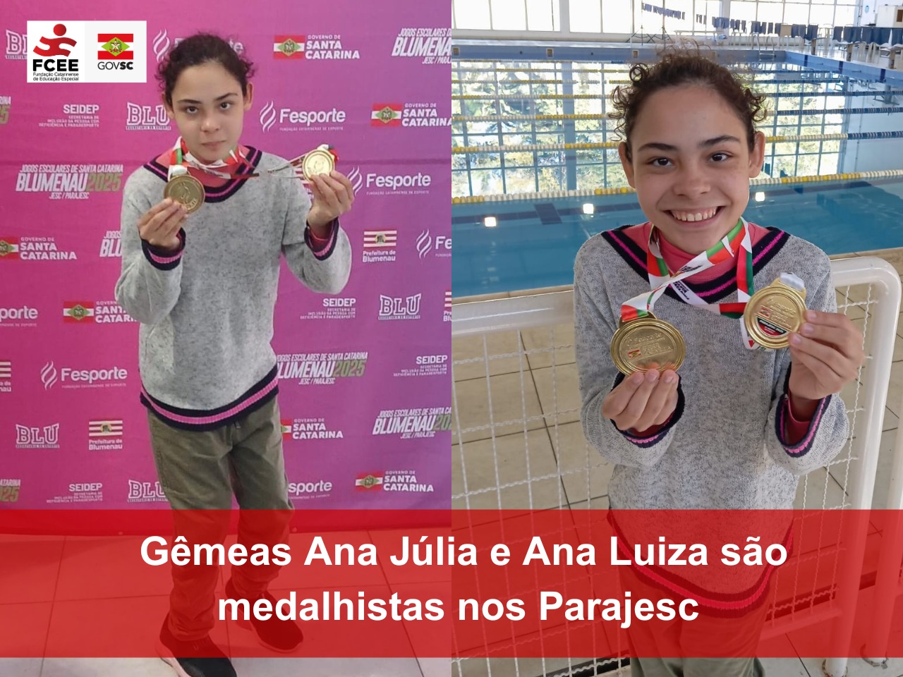 Duas atletas trajando camisa e calça cinza mostram medalhas em volta do pescoço. Elas estão em pé. A garota da primeira foto aparece de corpo inteiro e a segunda surge um outra garota gêmea da primeira. Ambas são morenas